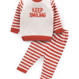 Babyhug Acrylic Knit Full Sleeves Sweater Set With Text Embroidery - Orange & White-picture-19