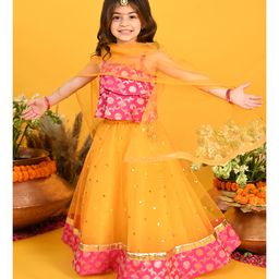 Saka Designs By Sapna Singlet Sleeves Cotton Sequenced Mesh Detailed Lehenga with Floral Zari Design Choli & Dupatta - Orange-image-17