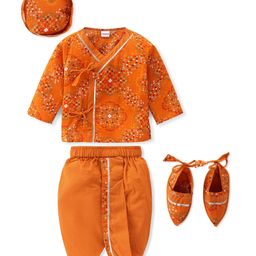 Babyhug Woven Full Sleeves Jamna Set with Forehead Cap & Booties - Mustard Yellow-image-25