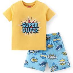 Babyhug Cotton Knit Half Sleeves Night Suit Text Print- Yellow & Blue-image-102