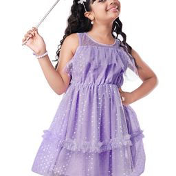 Hola Bonita Sleeveless  Party  Foil Printed Mesh Frock with Frill Detailing - Purple-image-99
