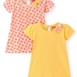 Babyhug Single Jersey Knit Half Sleeves Frocks With Floral Print & Bow Applique Pack of 2 - Peach & Yellow-image-47