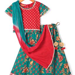 Exclusive from Jaipur Cotton Half Sleeves Floral Printed Choli Lehenga & Dupatta Set with Tassle Detailing - Pink & Green-image-26