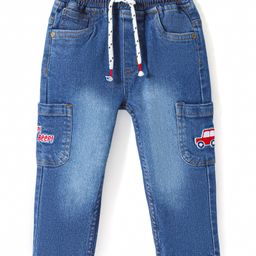 Babyhug Denim Washed Full Length Jeans with Stretch & Car Applique - Blue-image-68