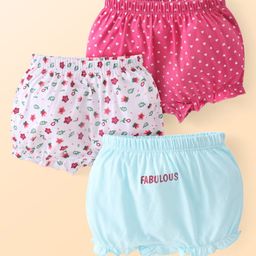 Babyhug 100% Cotton Knit Floral Printed Bloomers Pack of 3 - Dark Pink White & Aqua Blue-image-88