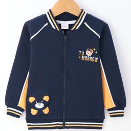 Kookie Kids Fleece Knit Full Sleeves Front Open Bomber Jacket with Bear Patch Detailing - Navy Blue-picture-9