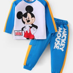 Babyhug Disney Cotton Knit Full Raglan Sleeves T-Shirt & Joggers Set with Mickey Mouse Print - Blue-image-30