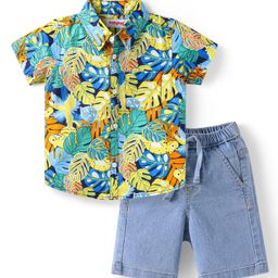 Babyhug Cotton Woven Half Sleeves Leaf Printed Shirt & Denim Shorts Set - Green & Blue-image-23
