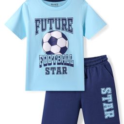 Honeyhap Premium 100% Premium Cotton Knit Half Sleeves Football Printed Shorts Night Suit - Blue Elixir & Navy Peony-image-26
