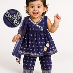 EARTHY TOUCH Cotton Woven Sleeveless Foil Printed & Sequin Detailing Kurta Churidar & Dupatta Set - Navy Blue-image-38