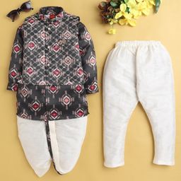 Jeet Ethnics Cotton Full Sleeves Ikat Printed Kurta Pyjama Dhoti With Jacket Set - Grey-image-9