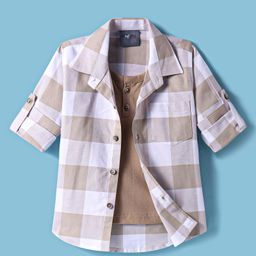 Dapper Dudes Full Sleeves Checked Shirt With Attached Tee - Brown-image-34