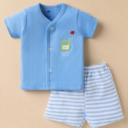 Zero Sinker Knit Half Sleeves Shorts Night Suit With Stripes & Welcome Friend Text Print - Light Blue & White-image-53