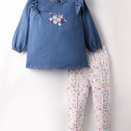 ToffyHouse Full Sleeves Top and Leggings Set Floral Embroidery & Print - Navy Blue & White-image-16