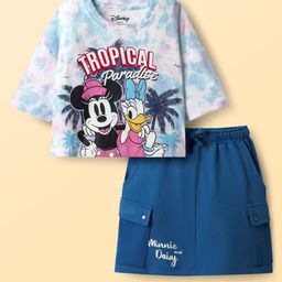 Pine Kids Disney 100% Cotton Oversize Drop Shoulder Half Sleeve Crop Top & Skirt With Disney Princess Graphics - Blue-image-2