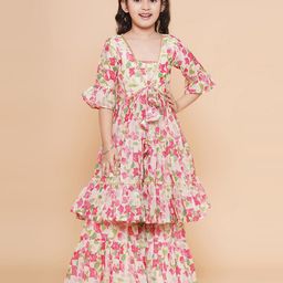 Bitiya By Bhama Silk Woven Half Bell Sleeves Floral Printed Gota Lace Embellished Kurta Sharara Set - Cream-image-95