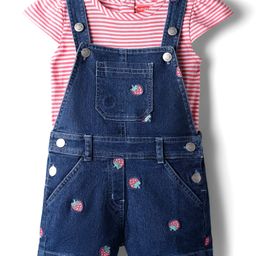 Babyhug Single Jersey Knit Cap Sleeves T-Shirt & Dungaree with Stripes & Fruit Embroidery - Red & Blue-picture-17