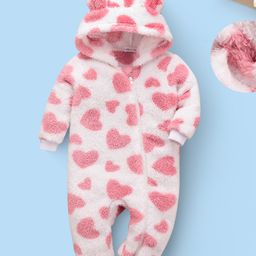 Mark & Mia Full Sleeves Hooded Fur Winter Wear Romper With Heart Design & Applique - Pink & White-picture-9