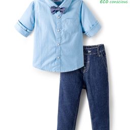 Babyoye 100% Cotton Woven Solid Dyed Full Sleeves Shirt & Trouser with Checks & Bow - Blue & Light Blue-picture-11