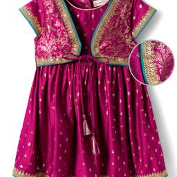 EARTHY TOUCH Viscose Woven Cap Sleeves Ethnic Dress with Attached Jacket & Floral Foil Print - Purple-picture-39
