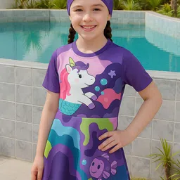bubble berry Girls Printed Unicorn Swim Dress With Attached Shorts-image-71