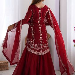 LeeliPeeri Designer Floral Embroidered Georgette Sequinned Kurta With Sharara And Dupatta image 3
