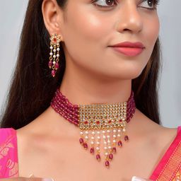 Silvermerc Designs Gold-Plated Stones & Beads Studded Choker Necklace Set-picture-24