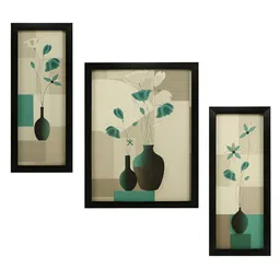 Indianara Green & Black 3 Piece Canvas Floral and Botanical Wall Paintings-image-29