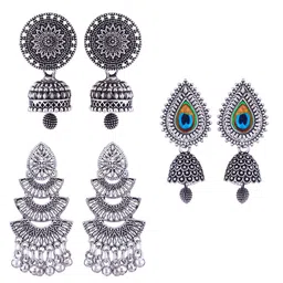 DIVASTRI Set of 3 Silver Plated Oxidised Dome Shape Jhumkas-68