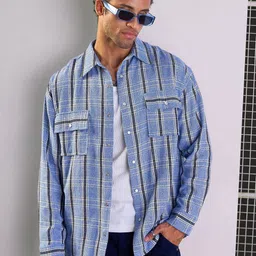 MASCLN SASSAFRAS Men Spread Collar Checked Cotton Oversized Casual Shirt-image-45