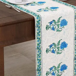BLOCKS OF INDIA  White & Blue Printed Table Runner-52