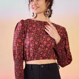 Sangria Floral Printed Cotton Puff Sleeves Crop Top-image-74