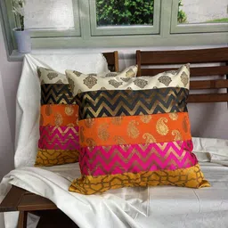 Pink Parrot Orange & Pink Set of 2 Ethnic Motifs Square Cushion Covers-image-3