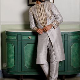 PS MEN BY PAYAL SINGHAL Floral Embroidered Thread Work Dupion Silk Kurta with Pyjama-picture-7