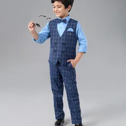 Robo Fry Full Sleeves Checked 3 Piece Party Suit - Blue(Brooch Design May Vary)-image-86