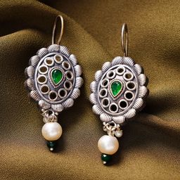 JAYPORE Silver-Plated Artificial Stones Studded Oval Shaped Oxidised Drop Earrings-14