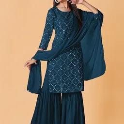 PARROT CREATION Women Embroidered Regular Sequinned Kurti with Sharara & With Dupatta-image-80