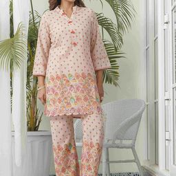 Sangria Floral Printed Pure Cotton Mandarin Collar Tunic With Trousers-11