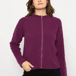 Madame Women High Neck Long Sleeves Ribbed Cardigan-picture-42