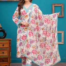 Dholiwal Fashion Women Floral Printed Kurta with Trousers & Dupatta-image-76