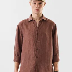 Snitch Men Solid Spread Collar Linen Formal Shirt-image-15