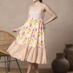 FASHOR Women Ethnic Motifs Print Pleated Shoulder Straps A-Line Dress-picture-12