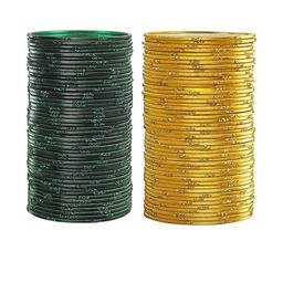 Guddan Set of 96 Green & Golden Glitter Metal Bangles-49
