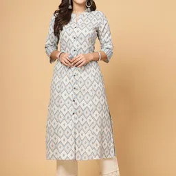 Pistaa Geometric Printed Mandarin Collar Cotton A-Line Kurta-57