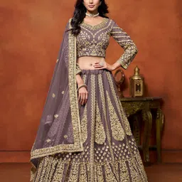 ODETTE Embroidered Thread Work Net Semi-Stitched Lehenga & Unstitched Blouse With Dupatta-image-36