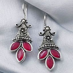 Saizen Silver Plated Artificial Stones Studded Oxidised Contemporary Drop Earrings-image-55