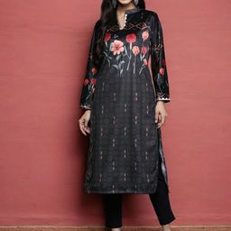 Ahalyaa Floral Printed Regular Velvet Straight Kurta-image-70