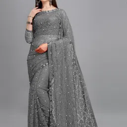 LOROFY Floral Beads and Stones Net Saree-picture-29