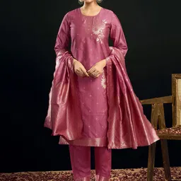 SKYLEE Floral Printed Round Neck Straight Kurta With Trousers & Dupatta-picture-26