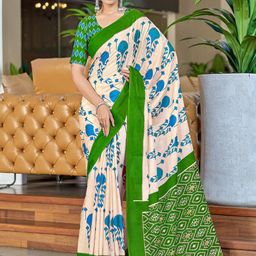 PEENGAX Ethnic Motifs Pure Cotton Ikat Block Print Saree-image-97